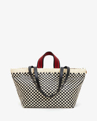 Bateau Tote Border Woven Checker with Shoulder Straps Hanging in front