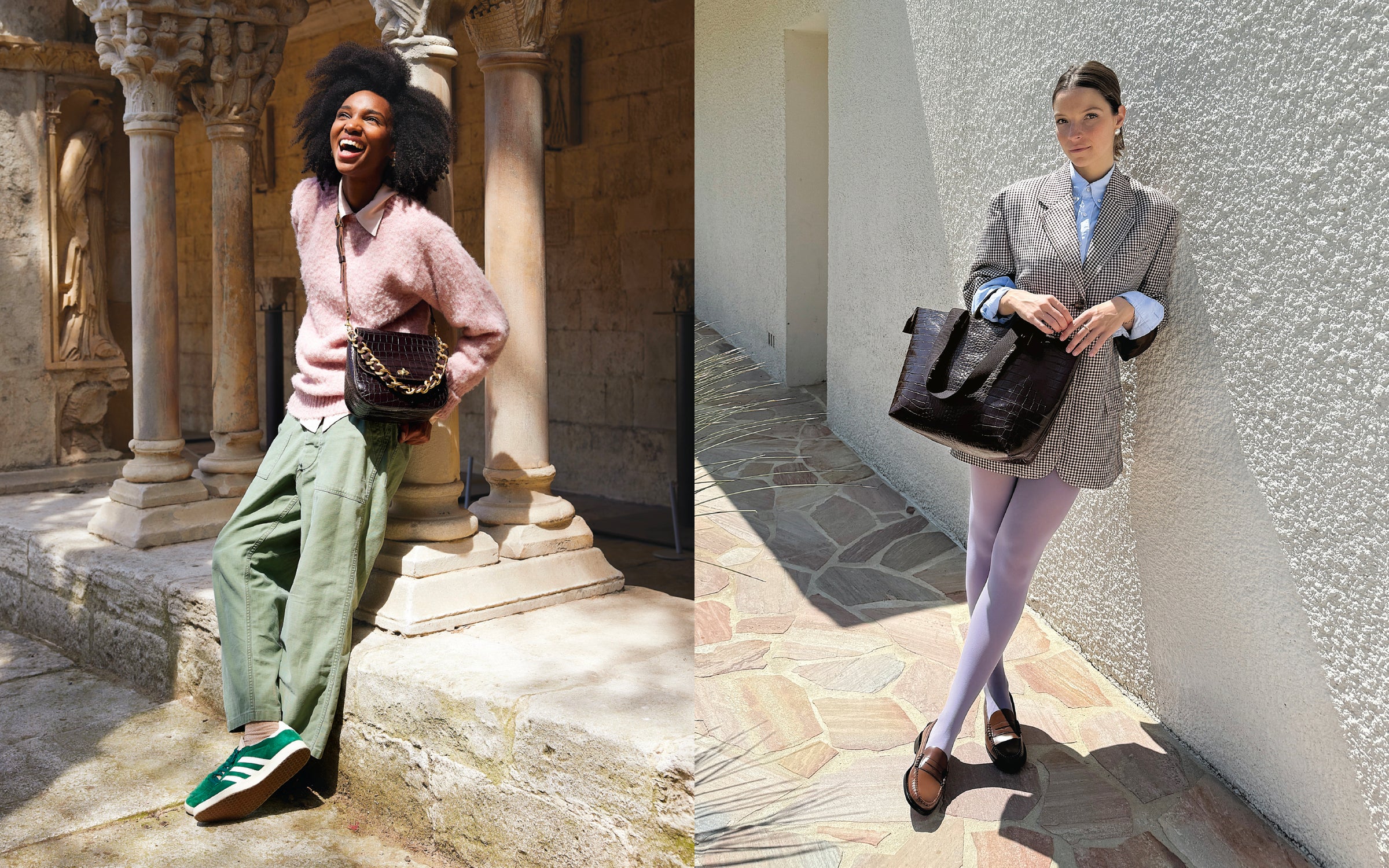 Models carrying the Turnlock Louis and Le Zip Sac in Kalamata Croco.