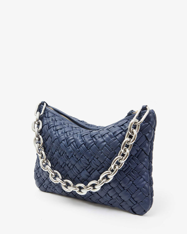 Navy Puffy Woven Flat Clutch w/ Tabs shown with Silver Shortie Strap