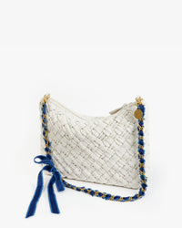 Flat Clutch with Tabs in Cream Puffy Woven with the Navy Frayed Ribbon Chain Strap