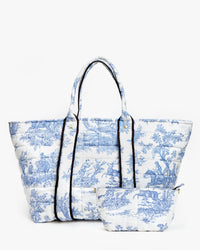 Clare V. Quilted Linen Giant Trop Avion W Pouchette in St. Calais Blue Toile