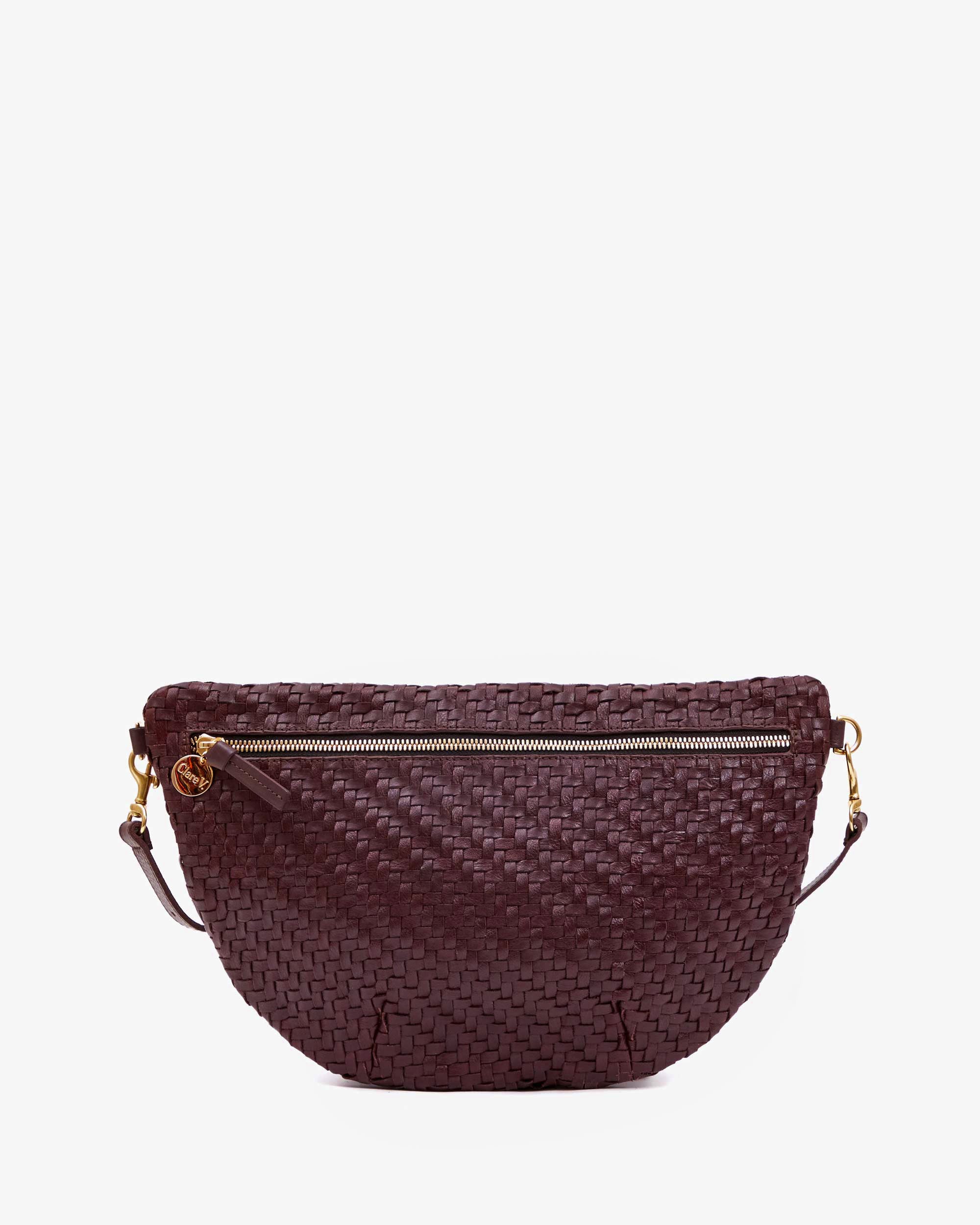 Shops Sling Bag - Woven Modern Striped Designer Fabric- Plum/Orange/Red/Cream with Plum Vegan Leather on Front