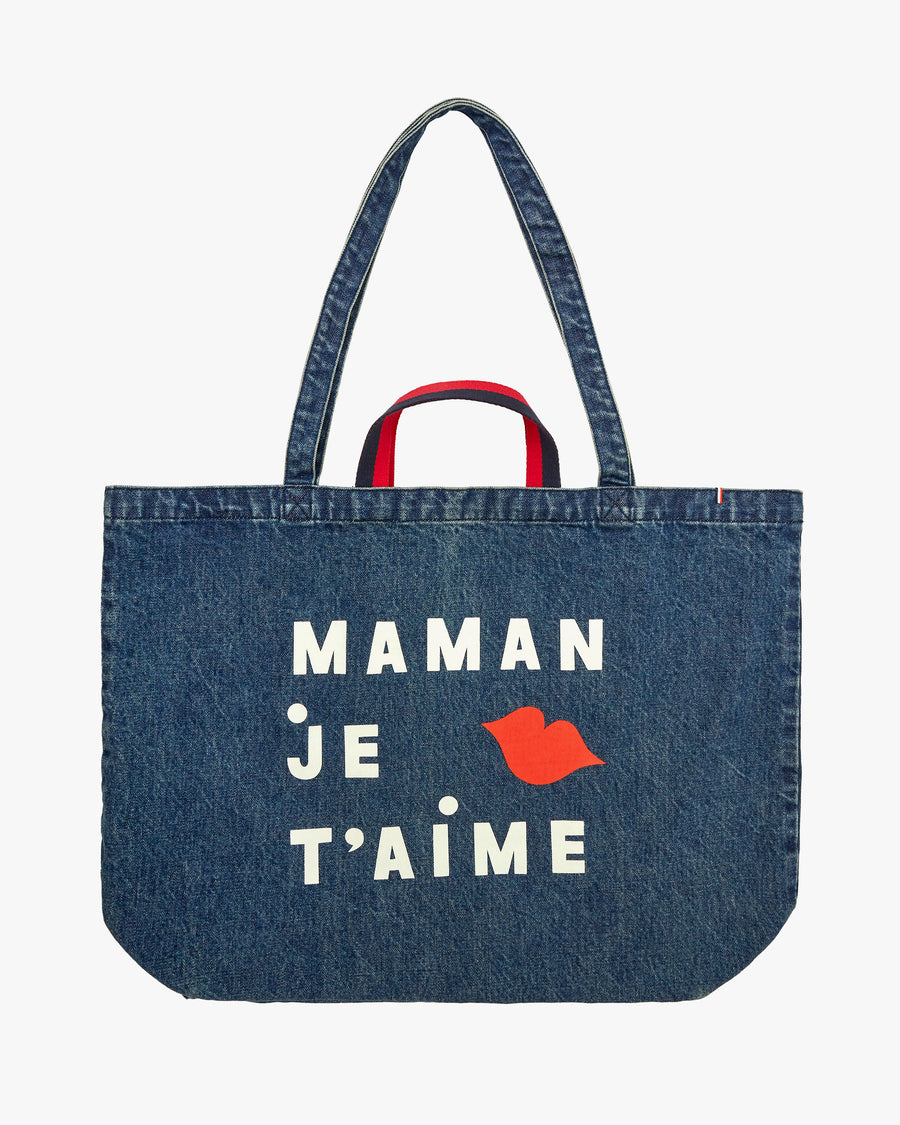 denim tote bag with message reading maman je t'ame