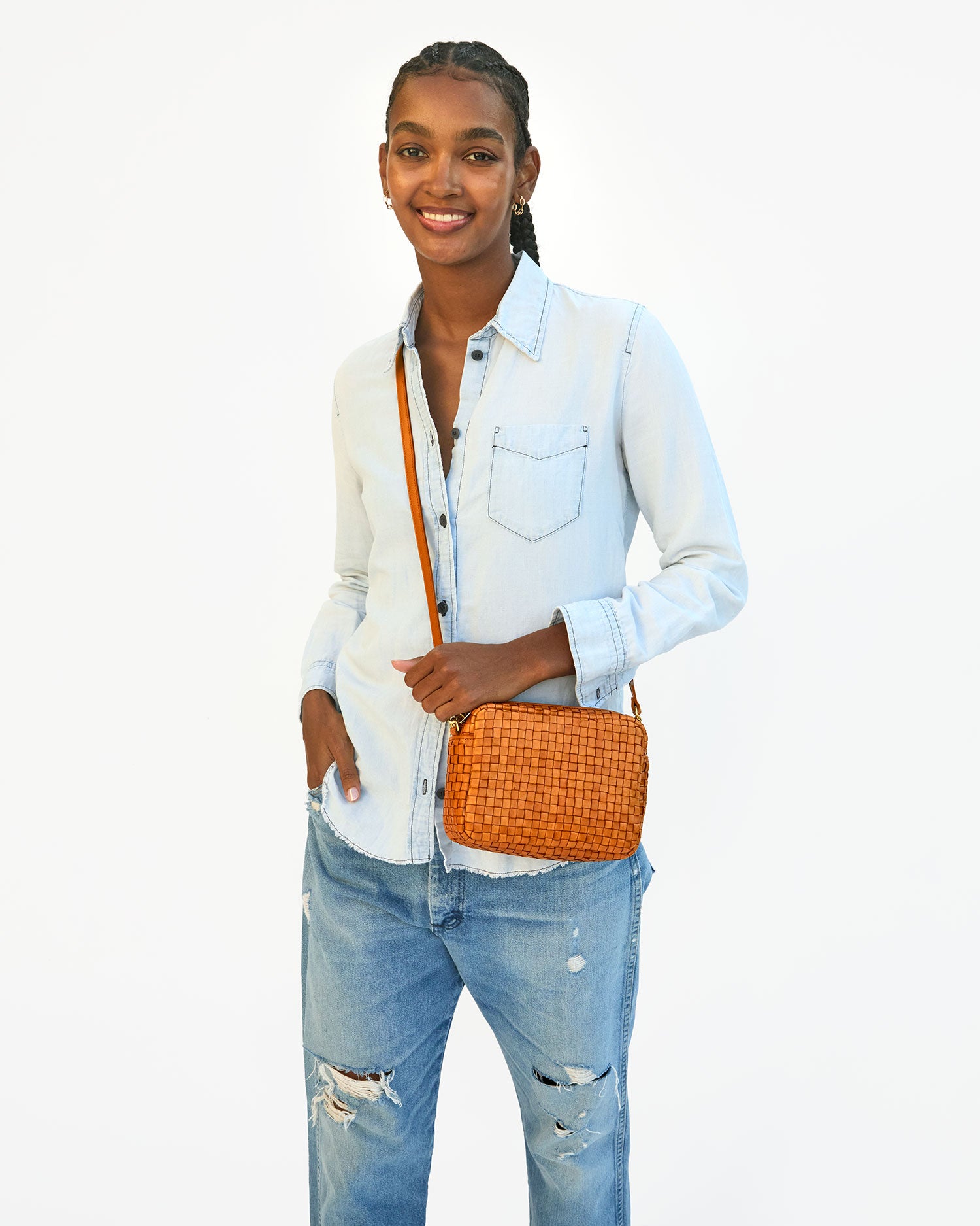 Clare V. Midi Sac Woven Leather Crossbody in Natural Woven Checker