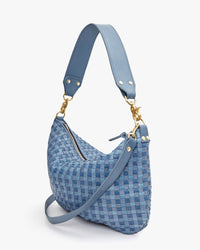 back image of the Moyen Messenger in Light Blue Woven Checker