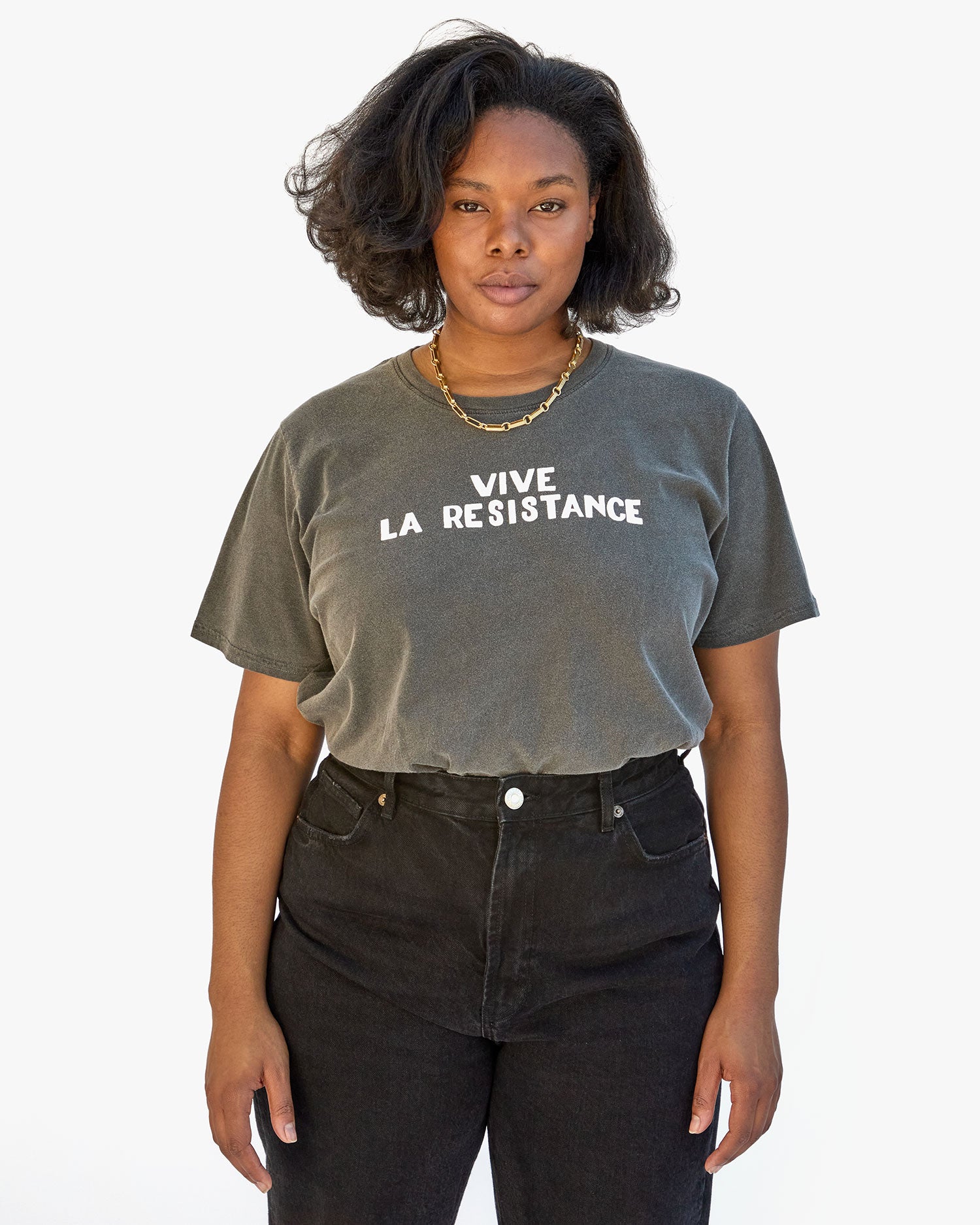 Candice wearing the Vive La Resistance Original Tee in Faded Black. 