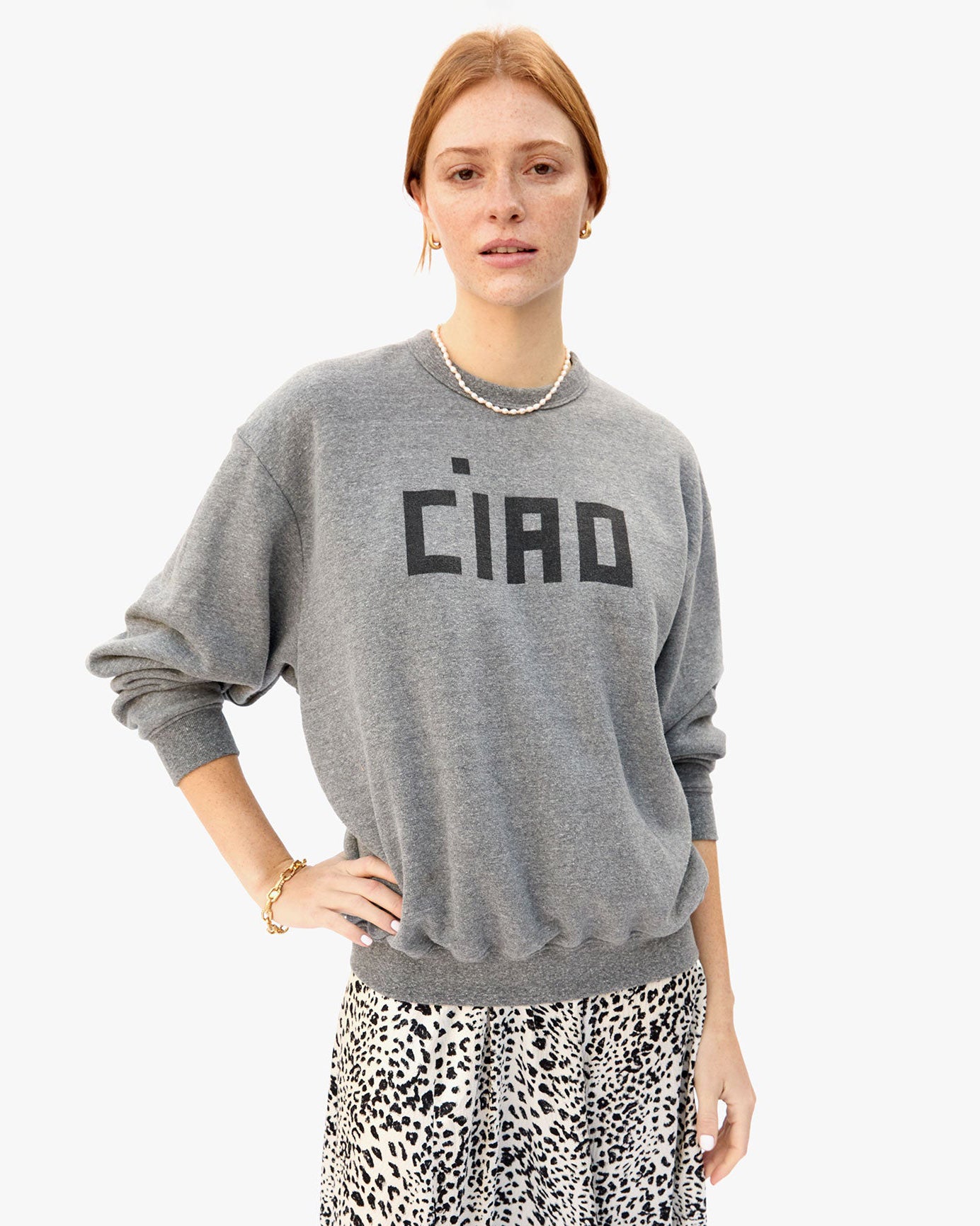 Haley wearing the Grey Ciao Oversized Sweatshirt