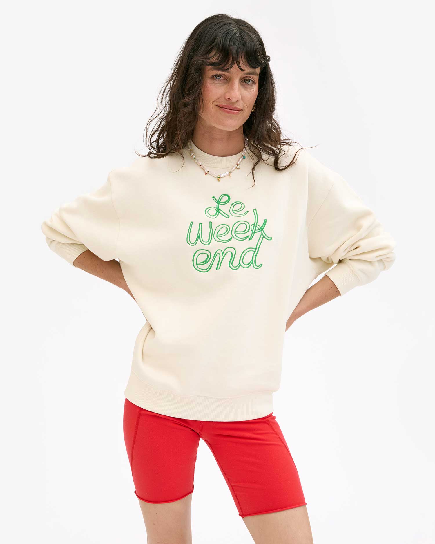 Clare V. Oversized Sweatshirt Cream with Green Embroidered Le Weekend