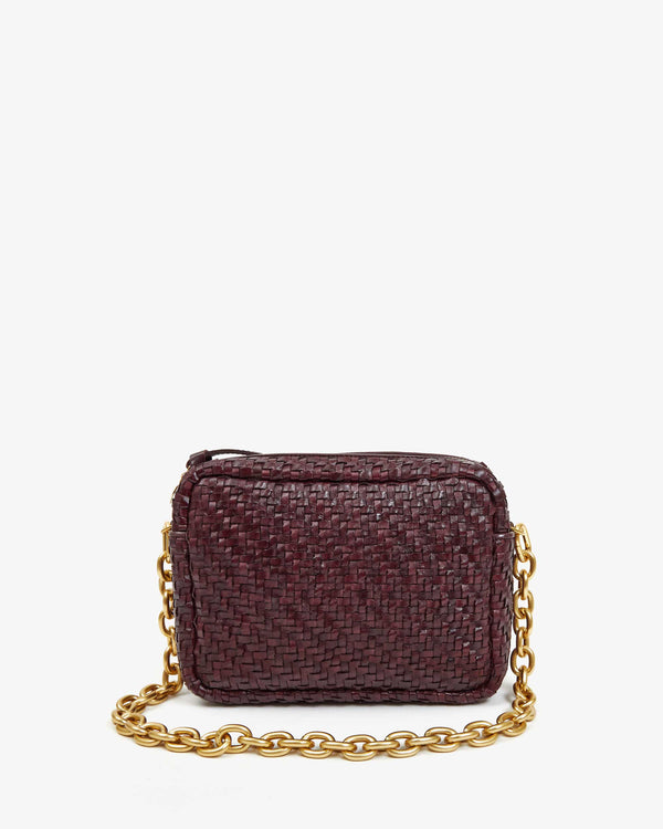 Shoulder Strap in Vintage Gold Mini Chain Link shown on the Midi Sac in Plum Zig Zag Woven