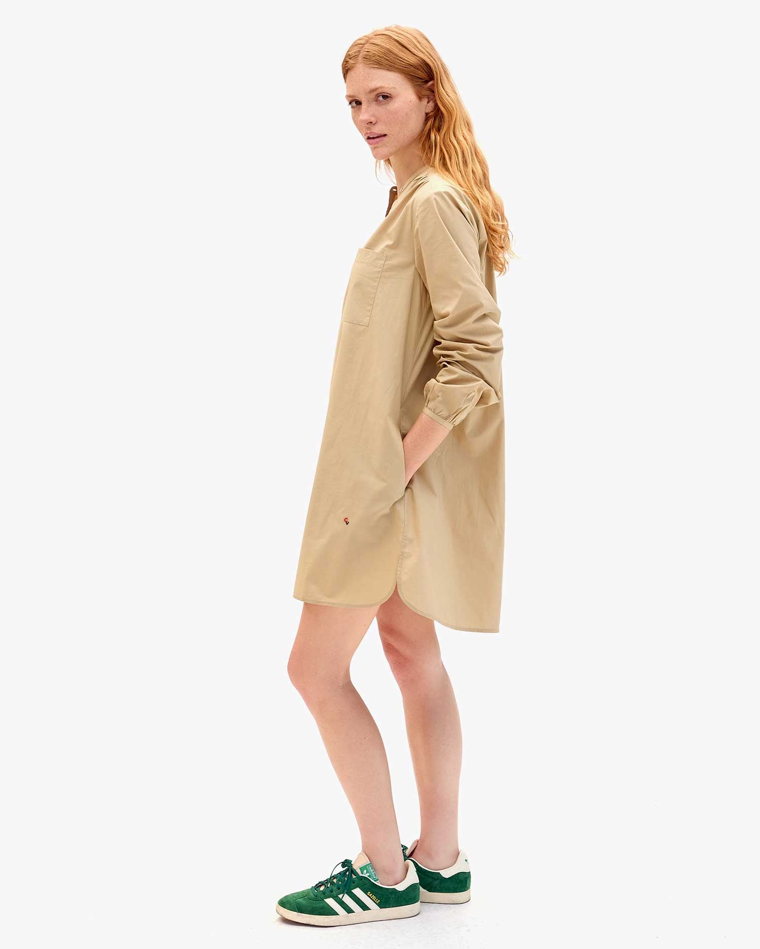 Profile View of Khaki St Martin Dress on Haley