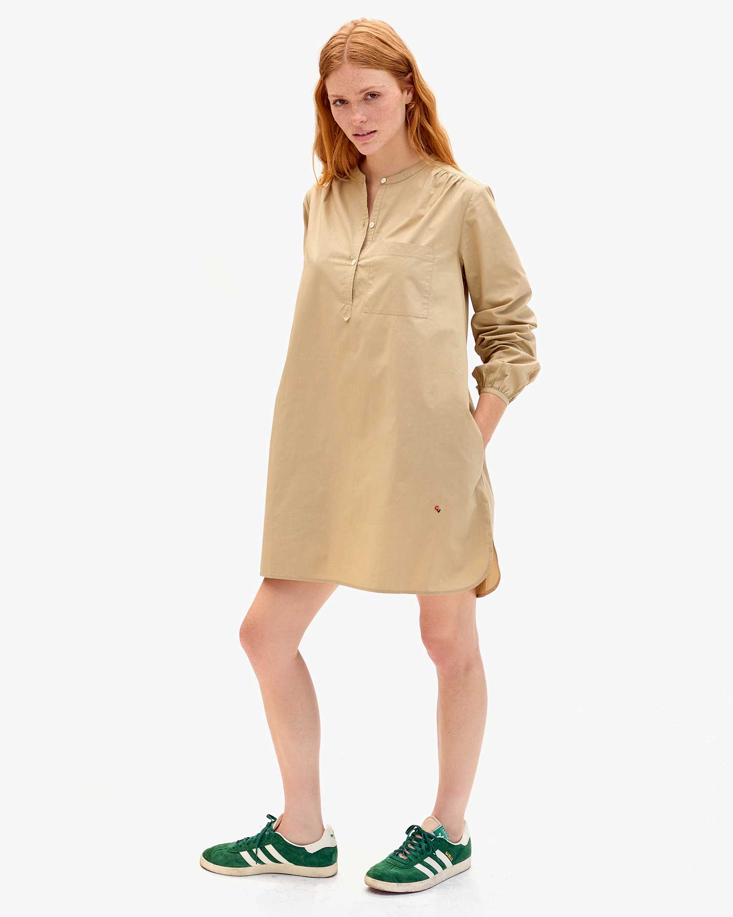 Angled View of Khaki St Martin Dress on Haley