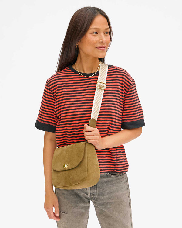 Turnlock Louis in Oat Suede on Maly with the Adjustable Crossbody Strap in Cream and Khaki Checker