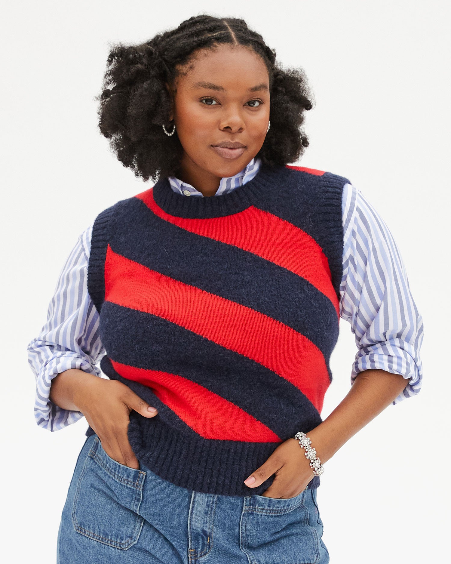 Navy & Poppy Diagonal Stripe Franc Vest