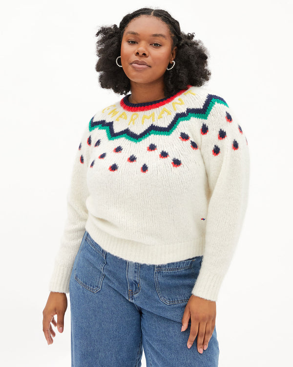 Candace wearing jeans and the Cream Multi Fair Isle Ragland Sweater