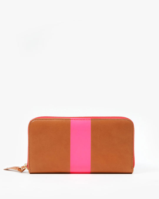 Clare V. Zip Wallet Cuoio with Neon Pink Stripe